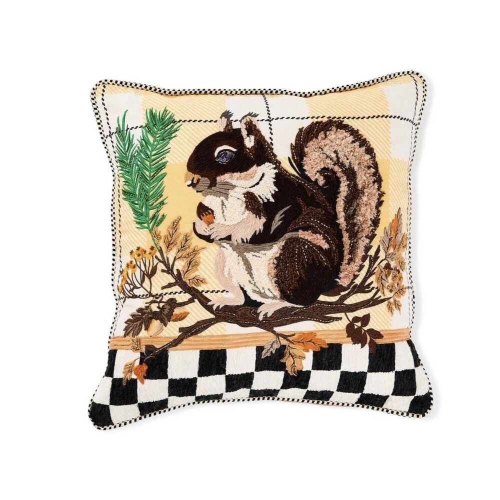 MacKenzie-Childs Squirrel Beaded Embroidered Throw Pillow 18” Courtly Check Fall